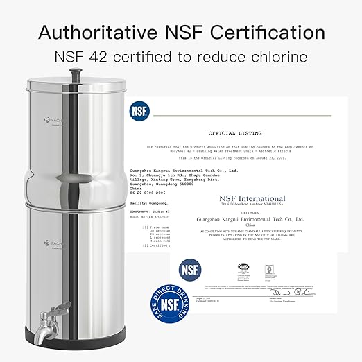 1.5G Stainless Steel Gravity-Fed Water Filter System with 2 Black Purification Filter and Metal Spigot, NSF/ANSI 42 Certification, Reduces up to 99% of Chlorine, for Home, Camping, Outdoor