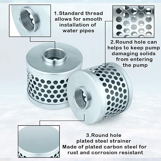 1-1/2 Inch Round Hole Suction Strainer Filter Carbon Steel Plated Npt Thread Hose Water Pump Inlet Strainer for Remove Debris Trash Reduces Solids Entering