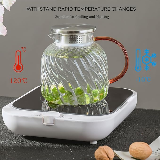 Glass Pitcher with Lid,47 oz/1400 ml, Hand Blown Glass Water Pitcher for Drinks,Iced Tea, Juice, Coffee, Milk, Hot Water and Tea, Heat Resistant