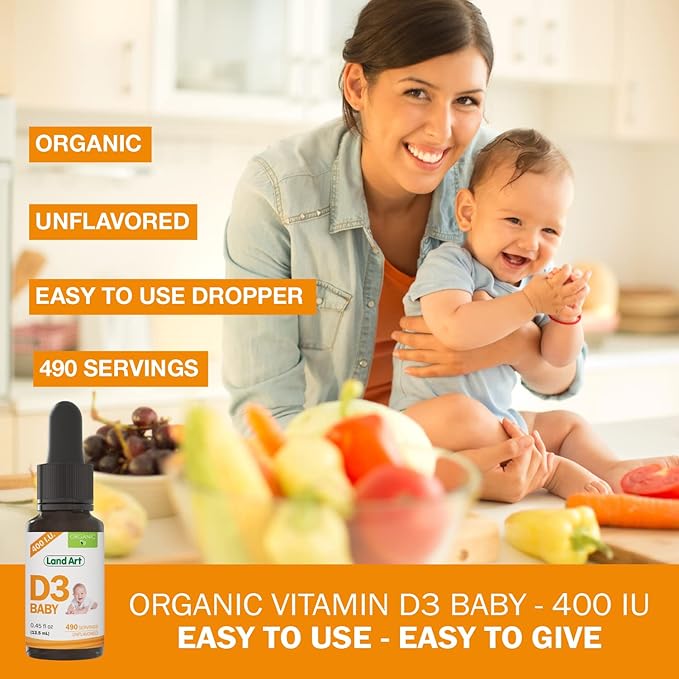 Land Art - Certified Organic Vitamin D3 Drops Baby – 400 IU per Drop – 490 Servings – Supports Bone & Teeth Development – Vitamin D Drops for Infants & Toddlers – GMO-Free - Gluten-Free – 0.45 fl oz