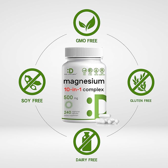 Magnesium Complex 500mg, 480 Veggie Capsules | 10-in-1 Glycinate, Citrate, Malate, & More | 100% Chelated for Easy Absorption | Essential Mineral Supplement for Muscle, Sleep, & Heart Health