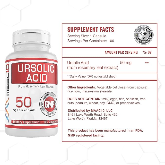 MAAC10 Ursolic Acid 50mg (100 Capsules 3X for 150mg 33-Day Serving) | Sourced from Rosemary Extract | Third-Party Lab Tested | AMPK & Sirtuin Activator