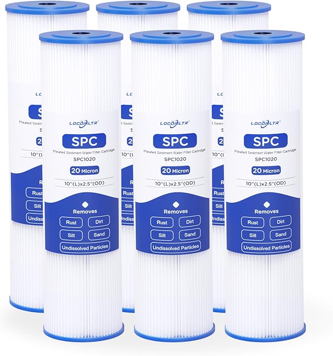 Whole House 20 Micron 10" x 2.5" Pleated Sediment Well Water Filter Cartridge Replacement for W20CLA, S1A, S1, ECP20-10, SPC-25-1020, AO-WH-PRE-RP2, PE-F10-20 & Cold Plunge Water Chiller (Pack of 6)