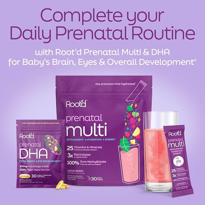 Root'd Prenatal DHA - 300mg Pure Vegan Omega-3 DHA from Algal Oil, Plant-Based Prenatal Supplement for Pregnancy, Fetal Brain & Eye Development, Non-GMO, Lemon & Rosemary Flavor, 30 Softgels