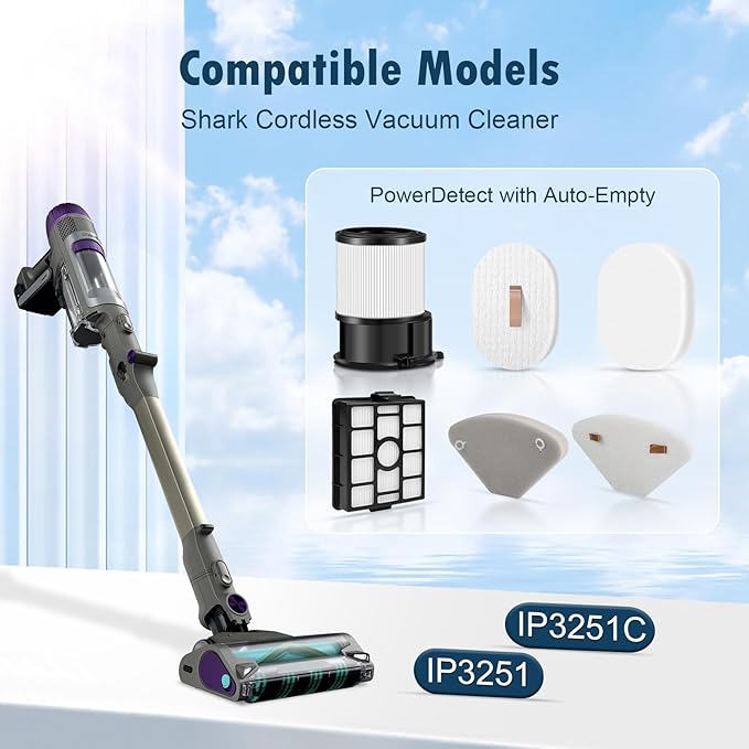 10 Pack HEPA Filters for Shark PowerDetect with Auto-Empty Cordless Vacuum IP3251 IP3251C, 1 Post-Motor Filter, 2 Pre-motor Foam and Felt Filters, 1 Dock HEPA Filter, 2 Dock Foam and Felt Filter