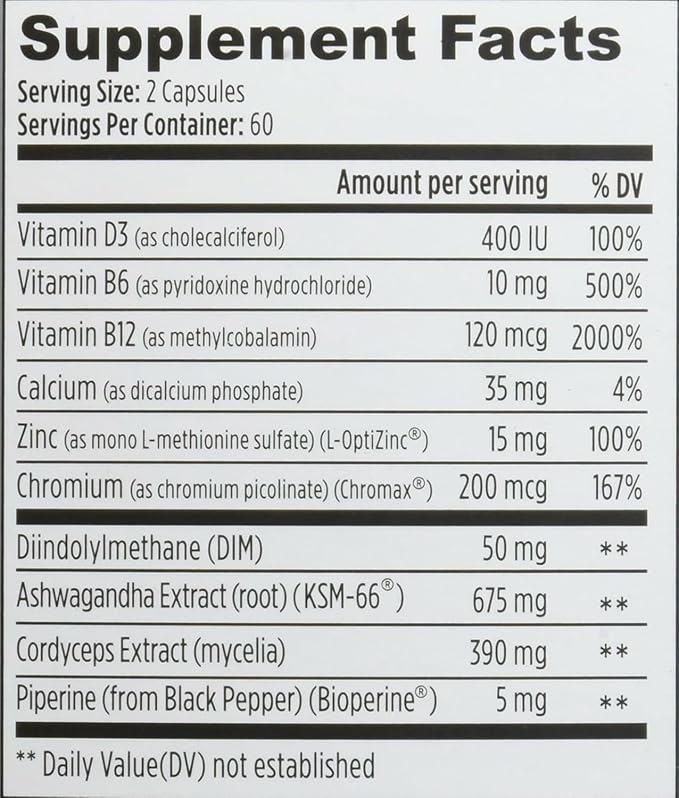 Weider Prime Testosterone Support - Men's Nutrition - Enriched with Vitamins & Minerals - with Ashwagandha, Chromax Chromium, Bioperine & Zinc - Gluten Free - 120 Capsules