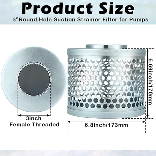 3 Inch Round Hole Suction Strainer Filter Carbon Steel Plated Npt Thread Hose Water Pump Inlet Strainer for Remove Debris Trash Reduces Solids Entering