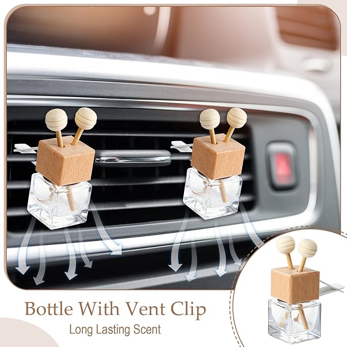 Zubebe 30 Pack Car Air Freshener Diffuser with Vent Clip Empty Car Diffuser Bottles for Essential Oil Perfume Glass Bottle with Wooden Caps Stick(Square)