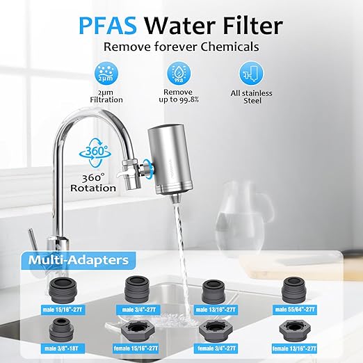 WINGSOL Stainless Steel Water Filter for Sink Faucet, NSF/ANSI 42 & 53, 360° Rotating Tap Purifier Reduces PFAS, Lead, Chlorine & Microplastics, 350 Gallons Long-Lasting for Kitchen & Bathroom