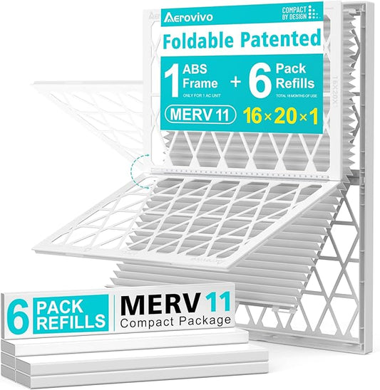 16x20x1 Refillable Air Filter Kit, MERV 11, 1 Reusable Foldable Frame ＆ 6 Refill, Fits Most AC HVAC Furnace Devices, Actual Size 15.75x19.75x0.75in