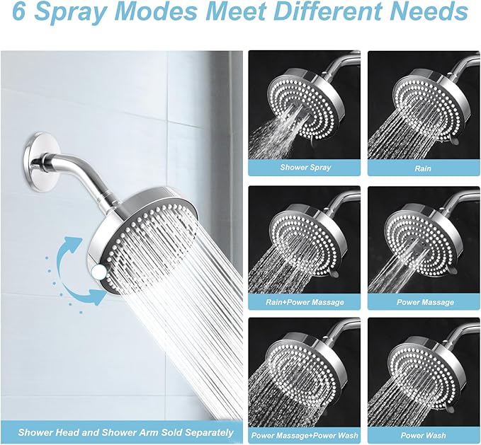 OFFO Shower Head, High Pressure Shower Head with 6 Mode, Fixed Showerheads for Strong Water Flow & Relaxing Shower Experience, Chrome