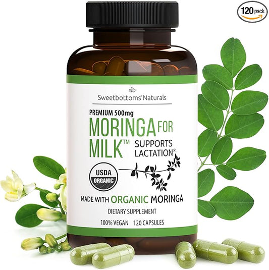 Lactation Supplement - Organic Moringa Capsules for Breastfeeding Support to Increase Breastmilk Supply (120 ct) Pure Malunggay Leaf Powder for Milk Production Booster & Postnatal Vitamins A E K 500mg
