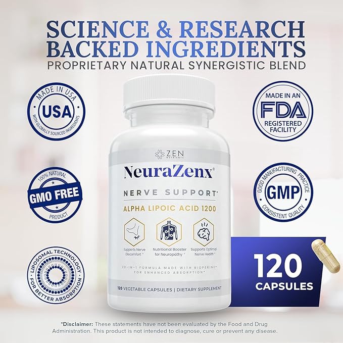 Zen Nutrients NeuraZenX Nerve Support & Peripheral Neuropathy Support Supplement with 1200mg Alpha Lipoic Acid (ALA), Benfotiamine, L-Carnitine, and Turmeric