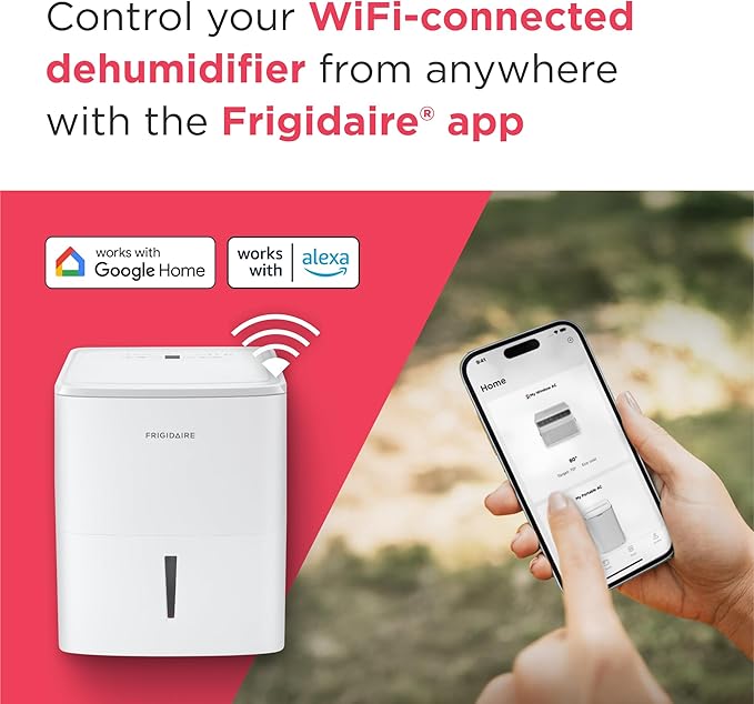 Frigidaire 22-Pint Portable Dehumidifier with Wi-Fi and Energy Star Certification for Small/Medium Rooms, Bedrooms & Bathrooms, Custom Humidity Control, Auto Shut Off, White