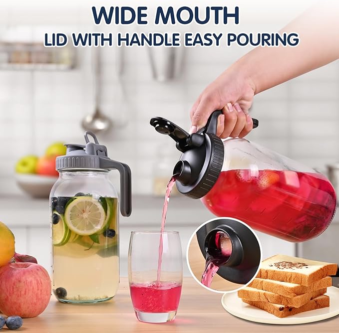 Glass Pitchers with Lid, Set of 2, 64OZ Leak-Proof Airtight Mason Jars, Wide Mouth Water Jugs for Cold Brew Coffee, Iced tea, Milk, Food Storage, Sun Tea Jar.