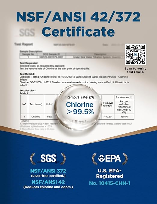 NOVETE Under Sink Water Filter System, Upgraded 30,000 Gallons, NSF/ANSI 42 & 372 Certified, Reduces 99% Chlorine, Lead, PFOA/PFOS, Bad Taste & Odor, Direct Connect to Kitchen Faucet, UWF0A-PC, White