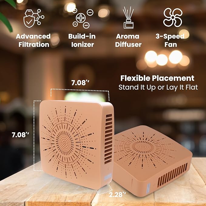4-in-1 Portable Air Purifier HEPA Filter, Aroma, Ionizer & Mini Fan – USB-C Desktop Air Cleaner for Smoke, Pollen, Dander, Odors – 5 Colors for Bedroom, Office, Baby, Pets, Travel (Warm Beige)