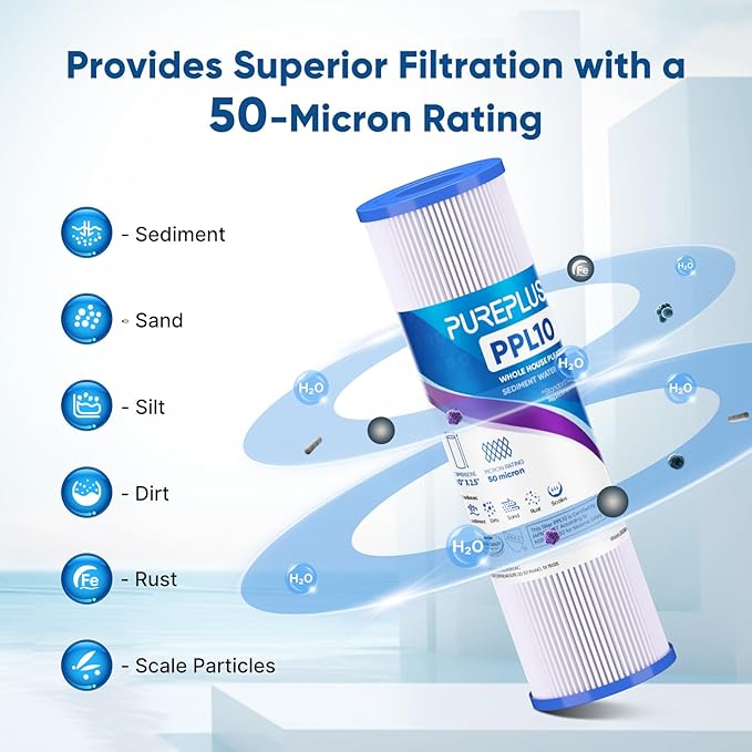 PUREPLUS 50 Micron Whole House Pleated Sediment Filter for Well Water, Replacement Cartridge for Universal 10 inch RO System, W50PE, WFPFC3002, SPC-25-1050, FM-50-975, 801-50, WB-50W, 6Pack