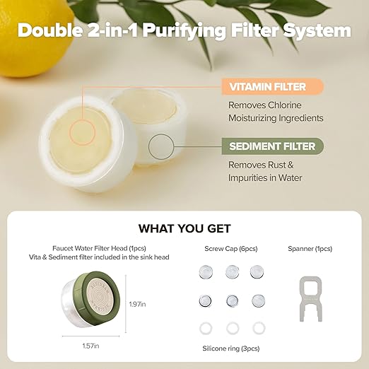 Water Filter for Sink Faucet, Double-Step Filtration, Vitamin C Gel, NSF Certified, Snowflake Holes - Removes Impurities, Chlorine and Rust - Skin Hydration, Made in Korea, Olive Green