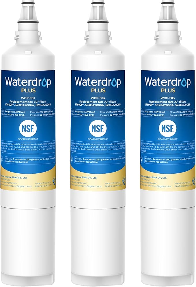 Waterdrop Plus 5231JA2006A NSF 401&53 Certified, Replacement for LG® LT600P®, KENMORE® 9990, 46-9990, WFC2001, LFX25960ST, rwf1000a Refrigerator Water Filter, 3 Filters(Package May Vary)