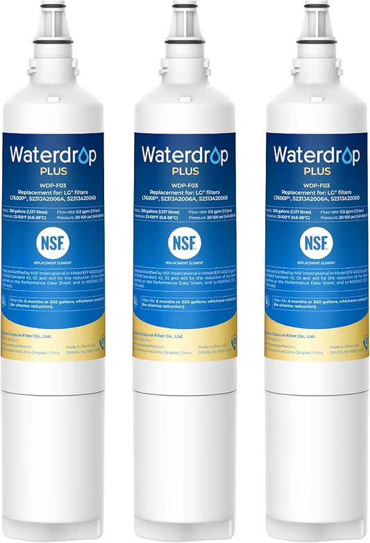 Waterdrop Plus 5231JA2006A NSF 401&53 Certified, Replacement for LG® LT600P®, KENMORE® 9990, 46-9990, WFC2001, LFX25960ST, rwf1000a Refrigerator Water Filter, 3 Filters(Package May Vary)