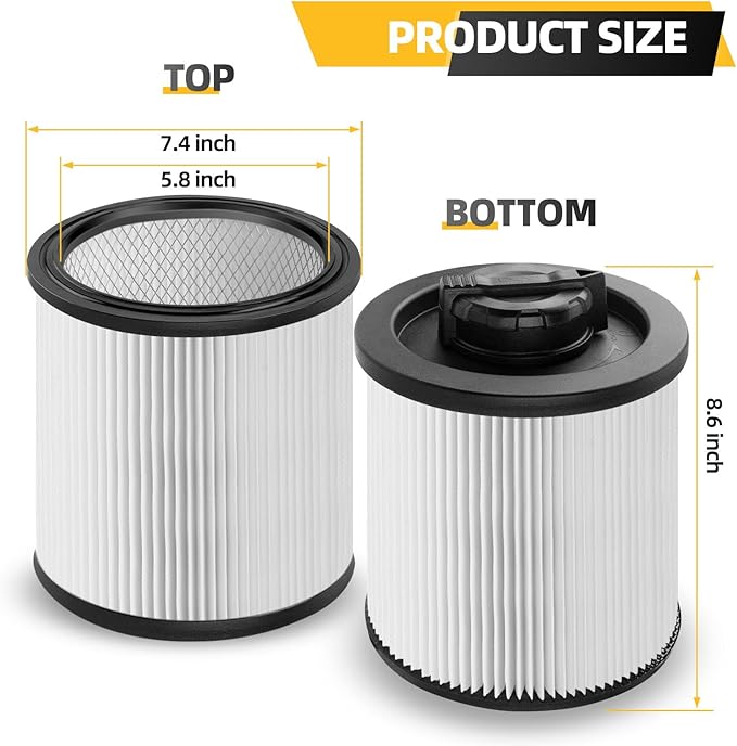2 Pack DXVC6910 Cartridge Filter Replacement for DEWALT 6,9,10,12,14,16 Gallon Wet/Dry Vac, Compatible with DeWalt DXV06P DXV09P DXV10P DXV10PL DXV10SA DXV12P DXV14P DXV16P, Washable and Reusable