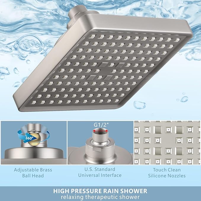 High Pressure Rain Shower Head with Filtered - 6" Square Showerhead Filter for Remove Chlorine and Harmful Substances, Improve Hair and Skin Problems, Brushed Nickel