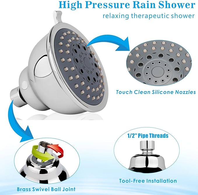 Voolan High Pressure Shower Head with Shower Arm - 5 Function Rain Shower Head - Comfortable Shower Experience Even at Low Water Flow - Chrome
