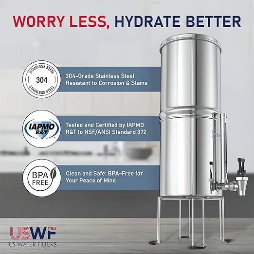 USWF Gravity Fed Water Filter System, 2.25 Gal Stainless Steel, w/ 2 Carbon Filters, 2 Fluoride Filters, Portable w/Metal Sight Glass Spigot & Stand, NSF/ANSI 372 Certified