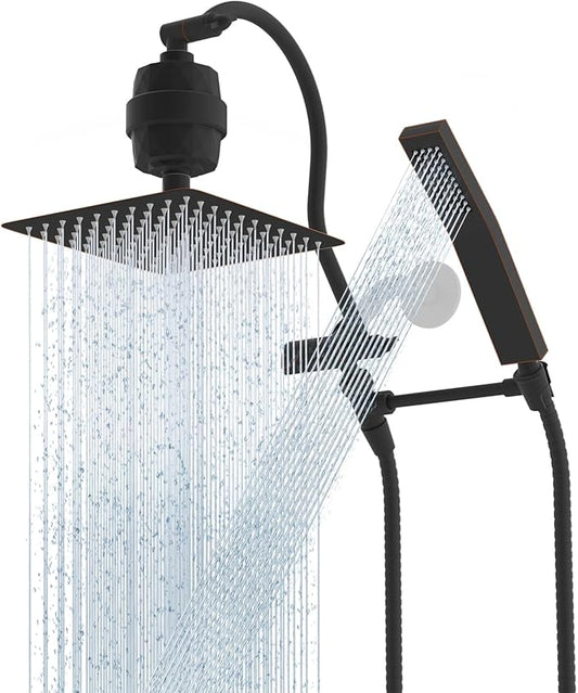Hibbent Metal 10'' Filtered Rainfall Shower Head Combo, High Pressure Handheld Shower Wand, 12'' Adjustable Extension Arm, 20 Stage Shower Filter, 71'' Hose, Shower Head Holders, Oil Rubbed Bronze
