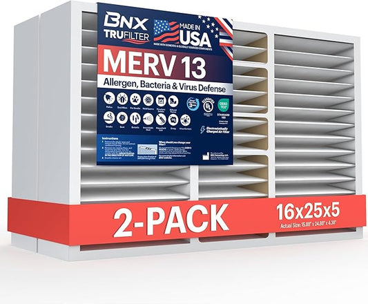BNX TruFilter 16x25x5 (15.88’’ x 24.88’’ x 4.38‘’ Compatible with Honeywell 4”) MERV 13 Air Filter (2-Pack) - MADE IN USA - HVAC AC Furnace Filters, Allergies, Mold, Bacteria, Smoke, MPR 1900 FPR 10