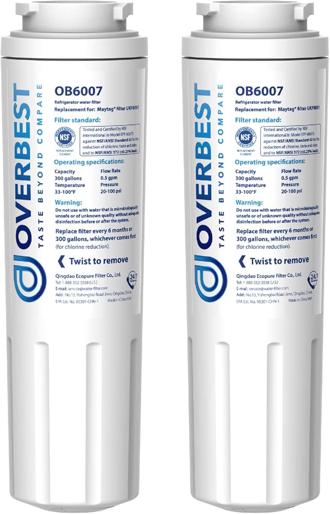 Overbest UKF8001 Replacement for EveryDrop by Whirlpool Refrigerator Water Filter 4, EDR4RXD1, Pack of 2