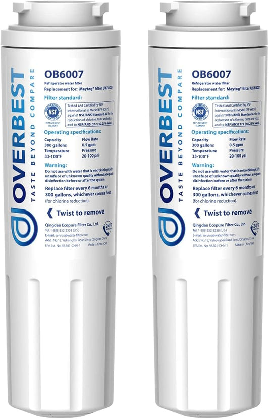 Overbest UKF8001 Replacement for EveryDrop by Whirlpool Refrigerator Water Filter 4, EDR4RXD1, Pack of 2