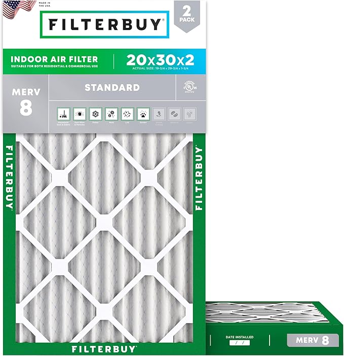 Filterbuy 20x30x2 Air Filter MERV 8 (MPR 700) Dust Defense Replacement (2-Pack), Electrostatic Pleated HVAC AC Furnace Filters, Made in USA (Actual Size: 19.75 x 29.75 x 1.75)