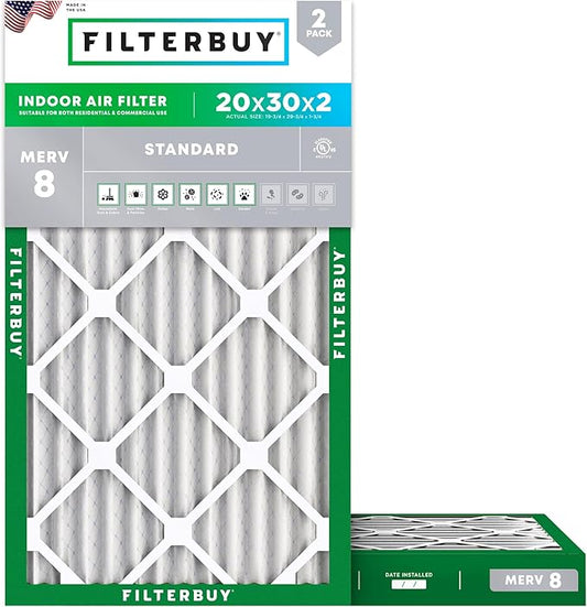 Filterbuy 20x30x2 Air Filter MERV 8 (MPR 700) Dust Defense Replacement (2-Pack), Electrostatic Pleated HVAC AC Furnace Filters, Made in USA (Actual Size: 19.75 x 29.75 x 1.75)
