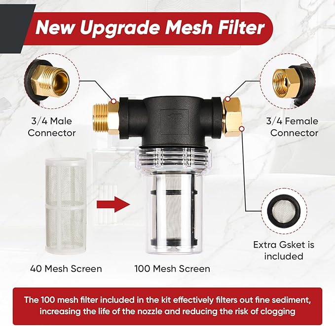 Garden Hose Inlet Filter for Pressure Washer Inlet Water, Sediment Filter Attachment, Inline Water Filter for Garden Hose with 40 Mesh and 100 Mesh Screen, 2 Pack O-Ring