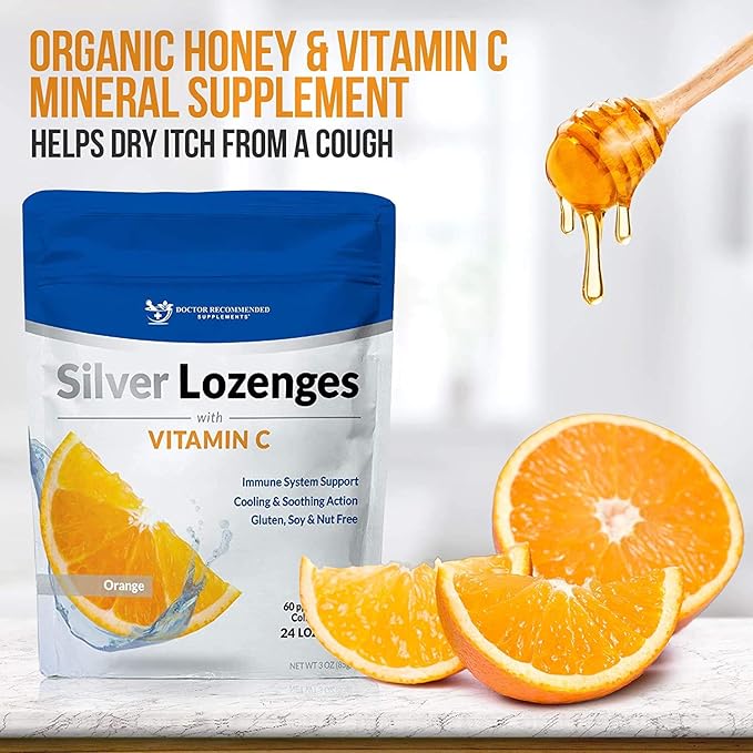 Silver Lozenges with Vitamin C - Premium Nano Silver 60 PPM Colloidal Silver, Organic Honey and Vitamin C Mineral Supplement Drops to Support Immune System, Soothe Cough & Throat - Pack of 2