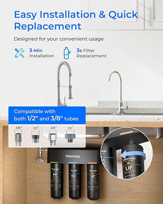 Waterdrop TSB-UF 0.01 μm Ultra Filtration Under Sink Water Filter System, 9 Layer Under Sink Water Filtration System, Reduces Chlorine, Fluoride, Taste and Odor, with A Separate Faucet, Quick Change