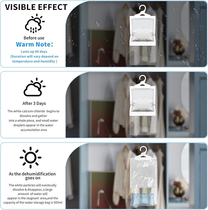 ZSZMFH 12 Pack Moisture Absorber Hanging Bags, Fragrance Free Humidity Packs, Hanging Closet Dehumidifier Bags-220g/pack