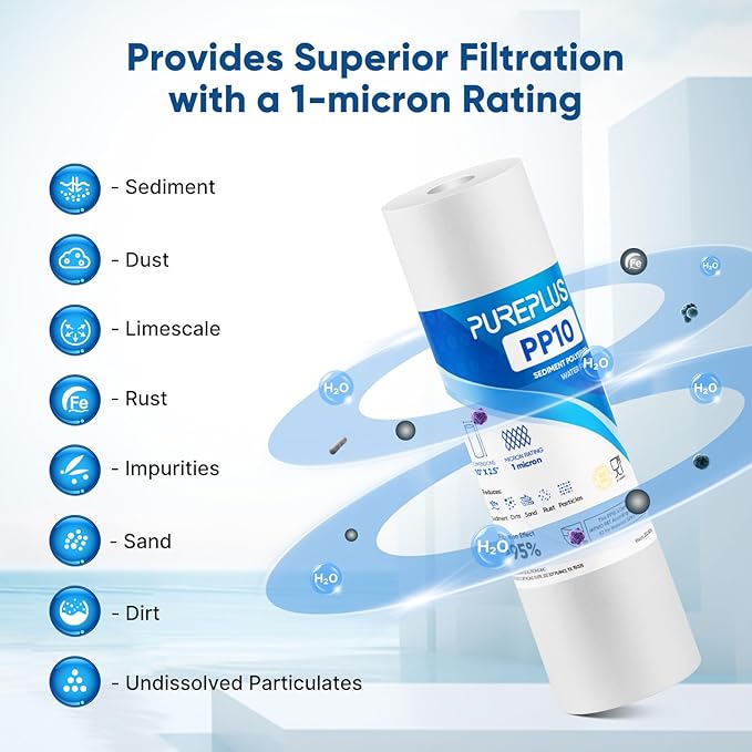 PUREPLUS 1 Micron 10" x 2.5" Whole House Sediment Home Water Filter Cartridge Replacement for Any 10 inch RO Unit, Culligan P5, Aqua-Pure AP110, Dupont WFPFC5002, CFS10, WHKF-G05, 4Pack