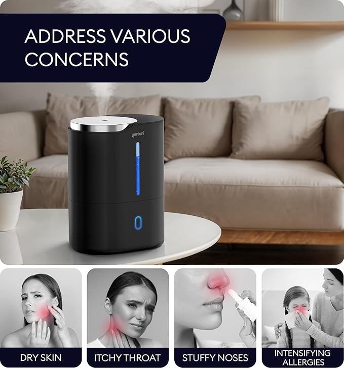 GENIANI Cool Mist Air Humidifiers for Bedroom, Plants, and Large Rooms - Quiet Humidifiers for Baby Room with Auto Shut Off & Night Light (3.9L, Black)