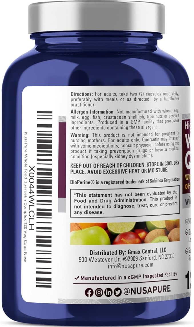 NusaPure Quercetin with Bromelain 500mg |120 Veggie Caps | 43 Fruit Veggie Grain Herbs Enzyme Probiotic Blend | Non-GMO, Vegan, Bioperine