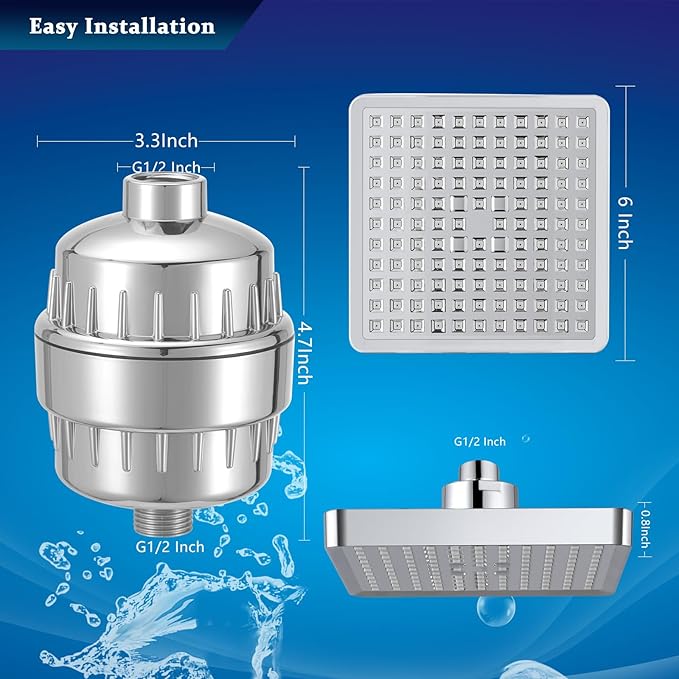 High Pressure Filtered Shower Head Set, 6’’ Rain Shower Filter for Hard Water, Universal Square Showerhead 20 Stage Filtration Removes Impurities for Rejuvenated Skin by Eolax, Chrome