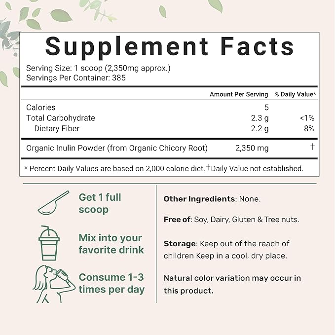 Micro Ingredients Organic Inulin Fiber Powder, 2lb | Natural Prebiotic to Support Digestive & Gut Health | Soluble, Easily Digestible | Unflavored, Vegan