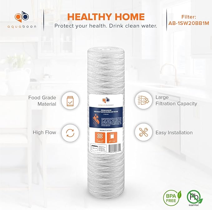 Aquaboon 1 Micron Whole House 20" x 4.5" String Wound Water Filter Replacement Cartridge for Well Water Compatible with SWC-25-2005, P5-20, 2-Pack