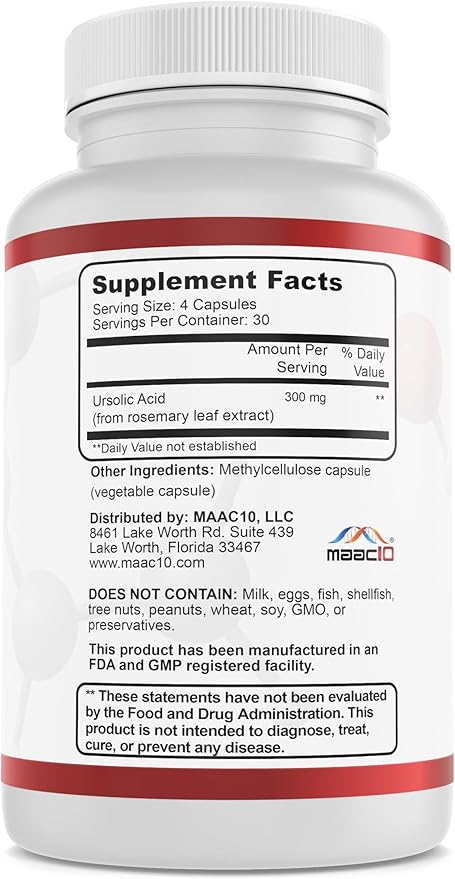 MAAC10 Ursolic Acid 300mg - Sourced from Rosemary Extract, AMPK & Sirtuin Activator - Third-Party Lab Tested