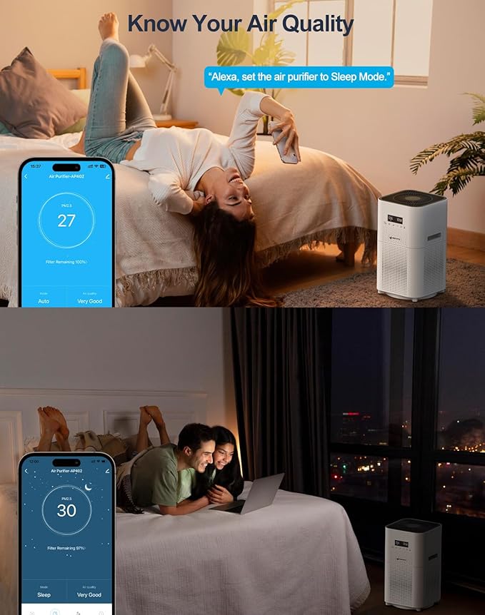 Smart WIFI Air Purifiers for Home Large Room Up to 3000 Sq Ft, APP & Alexa Control Air Cleaner, H14 Ture HEPA Filter for Allergies Pet Dander Smoke Dust, 22dB Sleep Mode for Bedroom