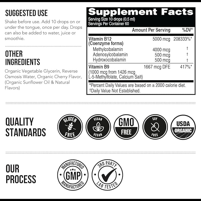 BioActive Vitamin B12 5000 mcg | Contains 3 BioActive Forms B12 Plus Methylfolate Cofactor - Methyl B12, Adenosyl B12 & Hydroxy B12 | Sublingual Form, Cherry Flavor, Organic, Vegan (60 Servings)