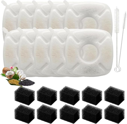 22 Pack(10 Replacement Filters+10 Pre-Filter Sponges+2 Brushes) Cat Water Fountain Filters Replacement,Compatible with VEKEN 67oz/2L,95oz/2.5L,135oz/4L Automatic Pet Fountain Cat Water Dispenser