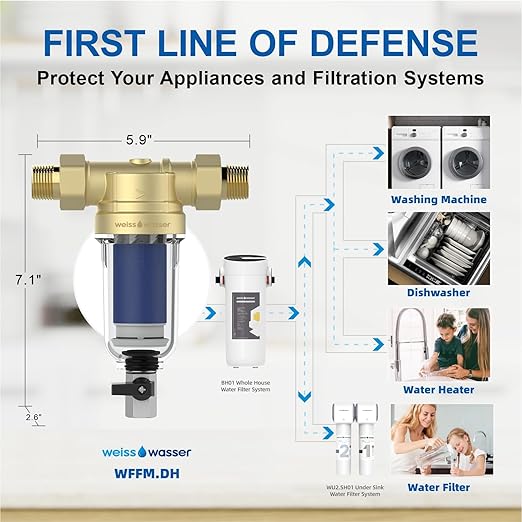 Weisswasser Sediment Filter, 90 Micron Reusable Spin Down Sediment Water Filter with Anti-Clog Disc Filtration, Pre-Filtration, Whole House Water Filter for Well Water, 3/4" MNPT